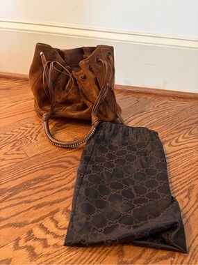 Vintage Gucci Brown Suede Drawstring Bucket Bag